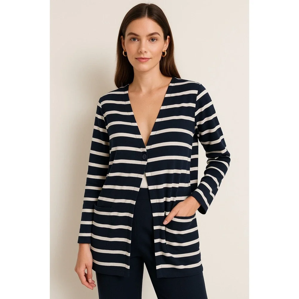 J Jill Jacket Women Small Navy Blue White Striped Jersey Knit‎ One Button Preppy
